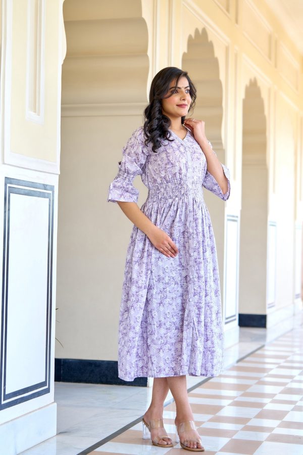 Women Purple Printed Flared Dress - Rasiya For Sale