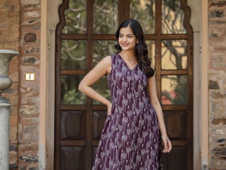 Women Burgundy Abstract Printed Sleeveless Midi Dress - Rasiya Online Sale