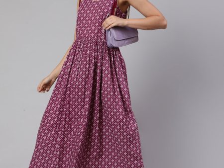 Women Purple Printed Flared Sleeveless Dress - Rasiya Online Sale