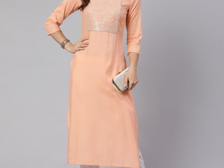 Women Peach Embroidered Straight Kurta With Three Quarter Sleeves - Rasiya Online