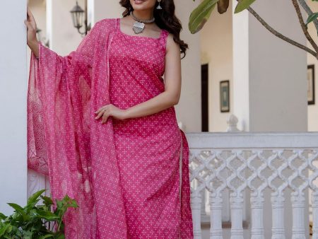 Women Pink Printed Straight Kurta With Trouser And Dupatta - Rasiya Discount