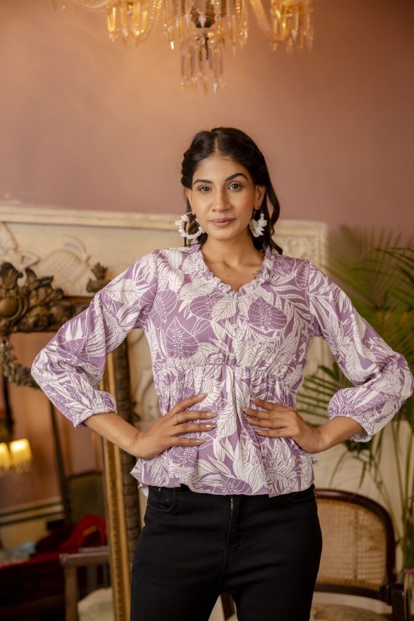 Women Purple Printed V-Neck Peplum Tunic - Rasiya Cheap