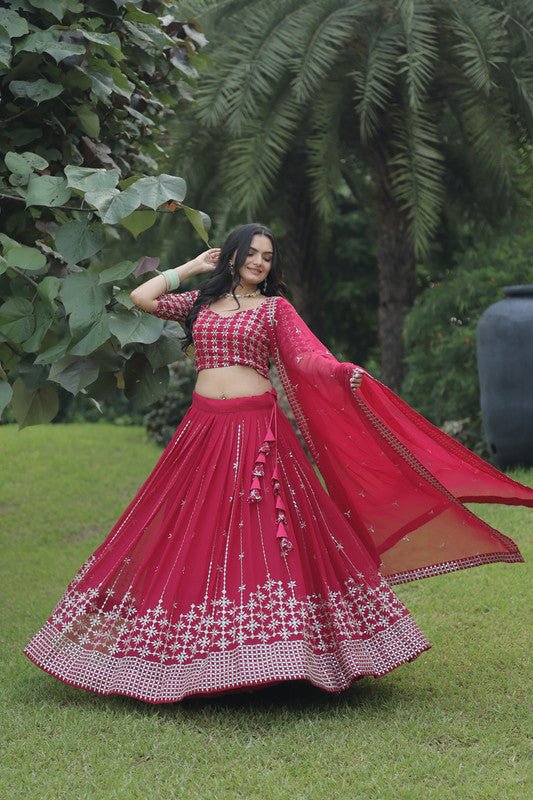 Aastha Fashion Women s Red Georgette Faux Blooming With Heavy Sequins & Zari Embroidered work Lehenga Choli Hot on Sale