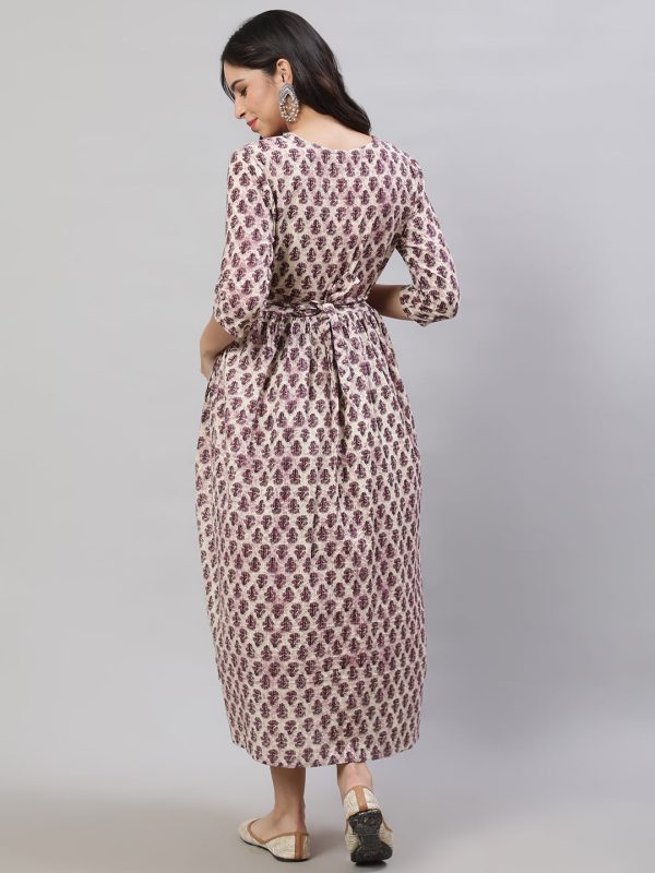 Women Beige Printed Flared Maternity Dress - Rasiya Online