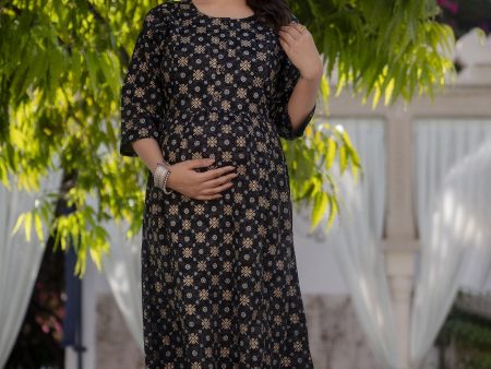 Women Black & Gold Printed Flared Maternity Dress - Rasiya Online Sale