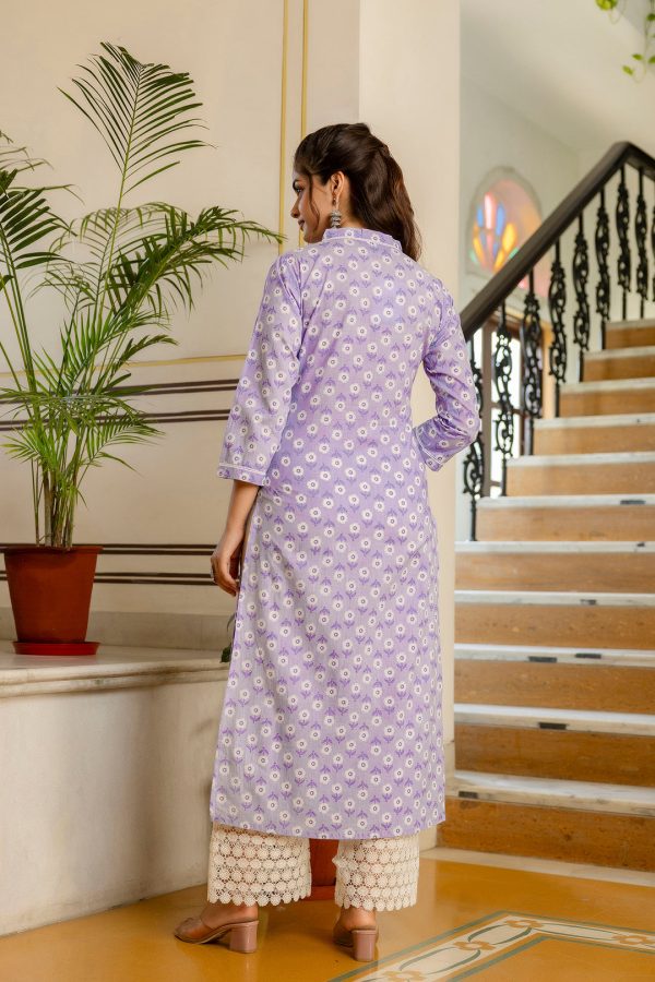 Women Purple Ethnic Printed Straight Kurta with Three Quarter Sleeves - Rasiya Online