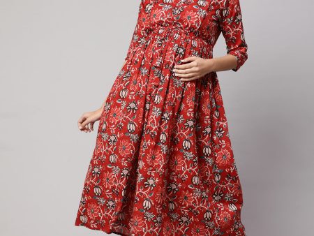 Women Red Floral Printed Flared Maternity Dress - Rasiya Online