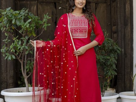 Women Red Embroidered Straight Kurta With Trouser And Net Dupatta - Rasiya Hot on Sale