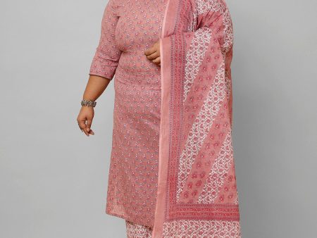 Women Plus Size Pink Printed Kurta And Palazzo With Dupatta - Rasiya For Discount