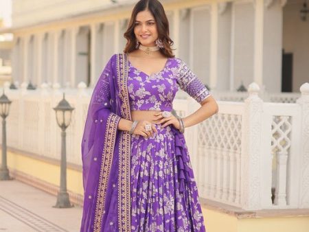 Aastha Fashion Women s Purple Georgette Pure Dyable Viscose Jacquard With Embroidered Sequins work Lehenga Choli Online Sale