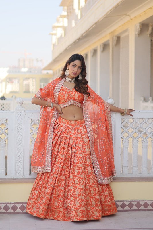 Aastha Fashion Women s Orange Georgette Pure Dyable Viscose Jacquard With Embroidered Sequins work Lehenga Choli For Cheap