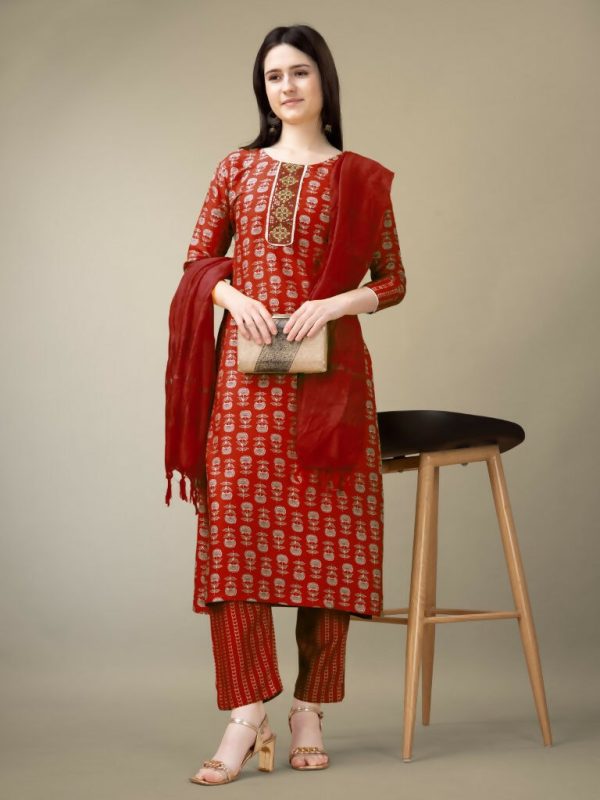 Jyoti Fashion Women s Maroon Rayon Embroidery & Sequence work Kurta with Trouser & Dupatta Sale