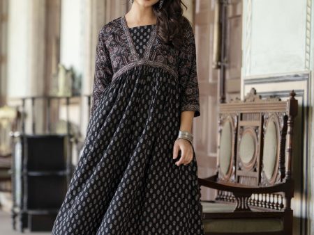 Women Black Ethnic Printed Flared Dress - Rasiya Online Hot Sale