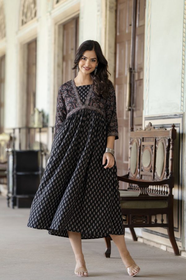 Women Black Ethnic Printed Flared Dress - Rasiya Online Hot Sale