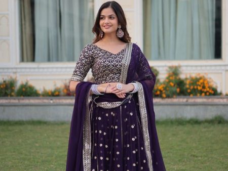 Aastha Fashion Women s golden & Purple Faux Blooming Georgette With Heavy Sequins Embroidered work Lehenga Choli on Sale