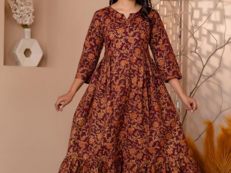 Women Burgundy Gold Printed Floral Print Tiare Dress - Rasiya on Sale