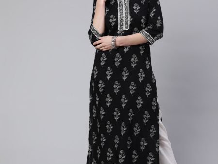 Women Black Printed straight kurta with three quarter sleeves - Rasiya For Cheap