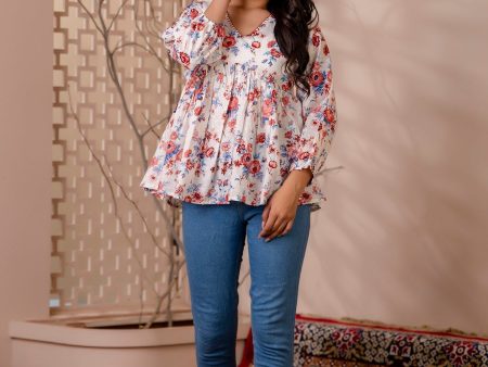 Women White Floral Printed V-Neck Peplum Tunic - Rasiya Cheap