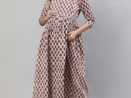 Women Beige Printed Flared Maternity Dress - Rasiya Online