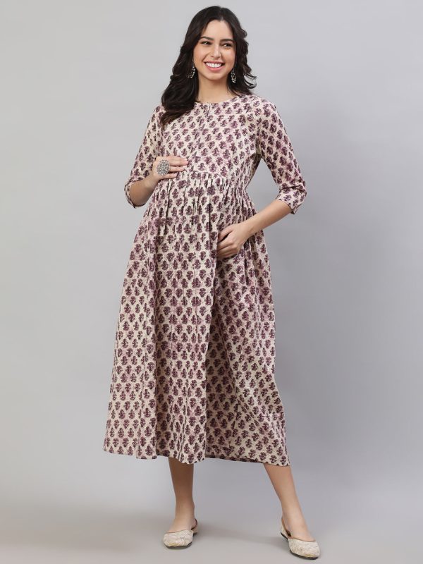 Women Beige Printed Flared Maternity Dress - Rasiya Online