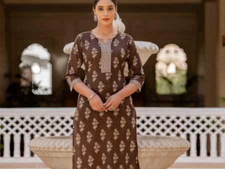 Women Brown Ethnic Printed Straight Kurta with Three Quarter Sleeves - Rasiya Online