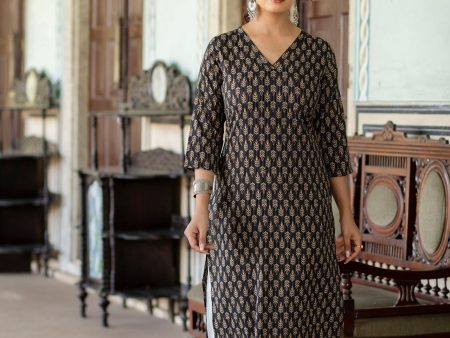 Women Black Ethnic Printed Straight Kurta with Three Quarter Sleeves - Rasiya For Cheap