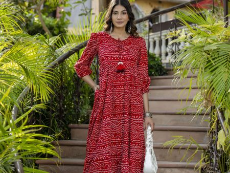 Women Red Bandhani Printed Flared Dress - Rasiya For Discount