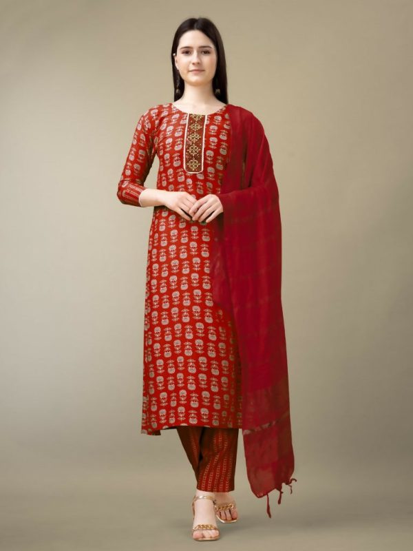 Jyoti Fashion Women s Maroon Rayon Embroidery & Sequence work Kurta with Trouser & Dupatta Sale