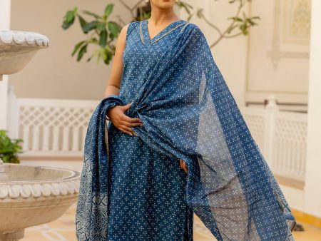 Women Blue Printed Straight Kurta With Trouser And Dupatta - Rasiya Discount