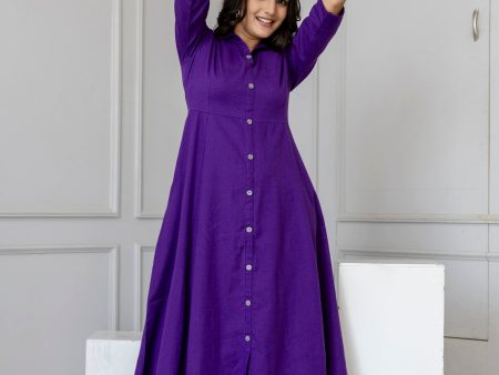 Women Purple Solid Flared Dress With Three quarter Sleeves - Rasiya For Cheap