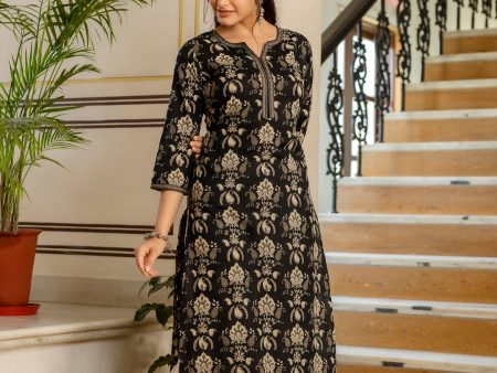 Women Black Printed Straight Kurta with Three Quarter Sleeves - Rasiya Online