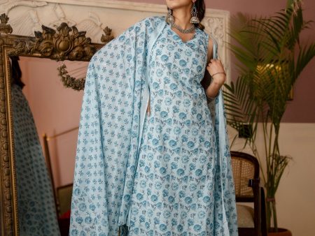 Women Aqua Blue Printed Straight Kurta With Trouser And Dupatta - Rasiya Online Sale