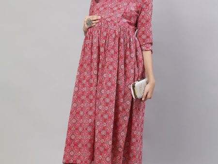 Women Pink Printed Flared Maternity Dress - Rasiya Discount