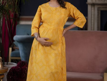 Women Yellow Printed Flared Maternity Dress - Rasiya Cheap