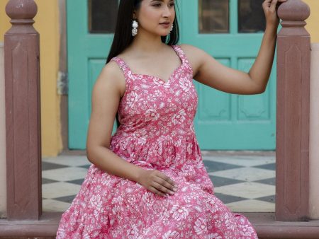 Women Pink Floral Printed Sleeveless Flared Dress - Rasiya Online