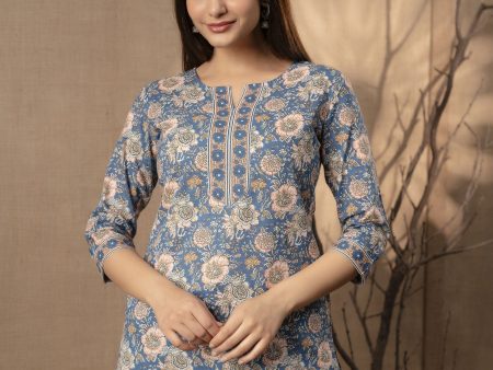 Women Blue Floral Printed Straight Tunic With Three Quarter Sleeves - Rasiya Discount