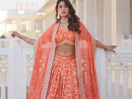 Aastha Fashion Women s Orange Georgette Pure Dyable Viscose Jacquard With Embroidered Sequins work Lehenga Choli For Cheap