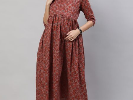 Women Rust Printed Flared Maternity Dress - Rasiya Hot on Sale