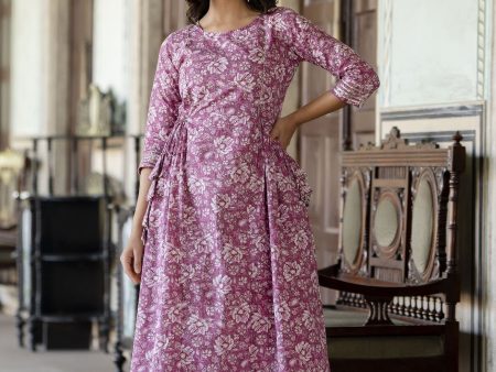 Women Pink Printed Flared Dress With Three quarter Sleeves - Rasiya Online now