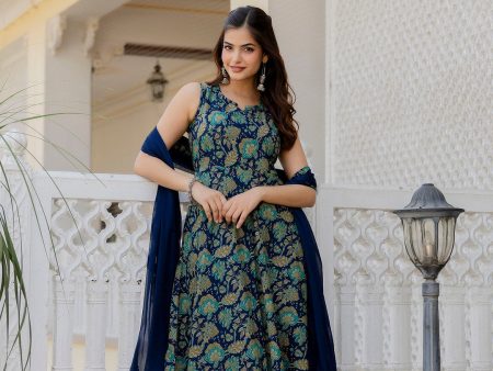 Women Blue Floral Printed Anarkali Kurta With Trouser And Dupatta - Rasiya on Sale