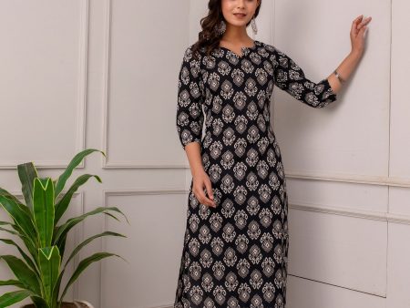 Women Black Printed Straight Kurta With Three Quarter Sleeves - Rasiya Discount