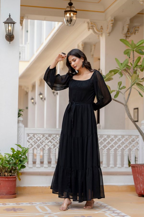 Women Black Georgette Flared Dress - Rasiya For Sale