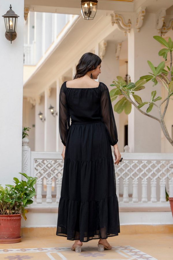 Women Black Georgette Flared Dress - Rasiya For Sale