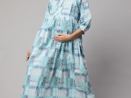 Women Sky Blue Printed Flared Maternity Dress - Rasiya Hot on Sale