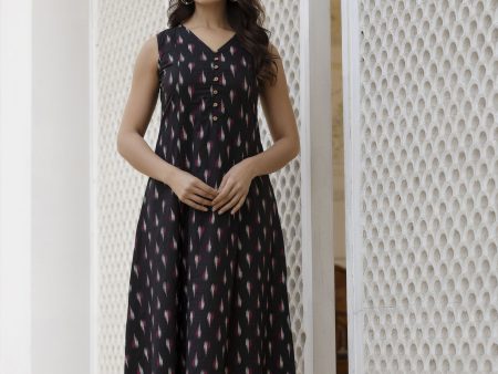 Women Black Ikat Printed Sleeveless A-Line Dress - Rasiya Sale