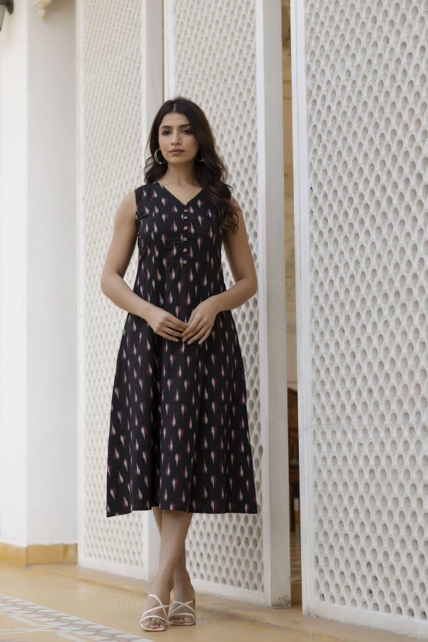 Women Black Ikat Printed Sleeveless A-Line Dress - Rasiya Sale