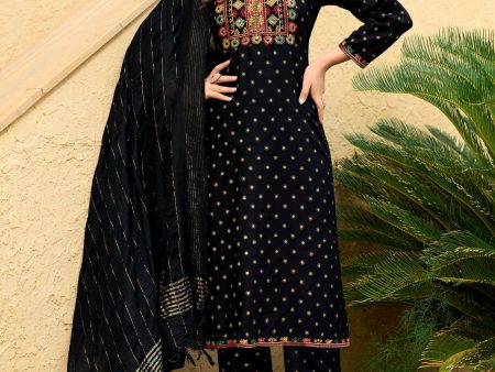 Jyoti Fashion Women s Black 14KG Rayon Foil Print with Embroidery Kurta Set Hot on Sale