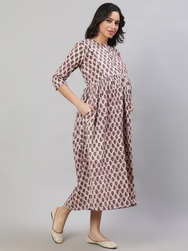 Women Beige Printed Flared Maternity Dress - Rasiya Online