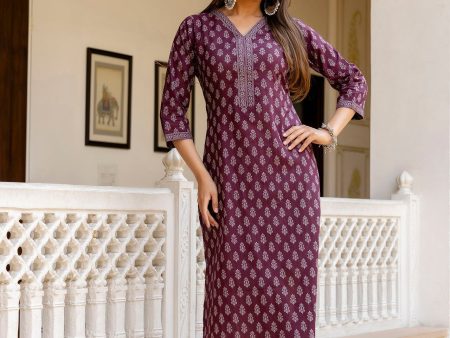 Women Burgundy Printed Straight Kurta with Three Quarter Sleeves - Rasiya Sale