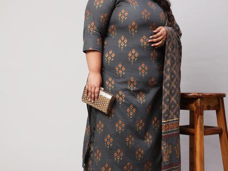 Women Plus Size Grey Printed Kurta And Palazzo With Dupatta - Rasiya Discount